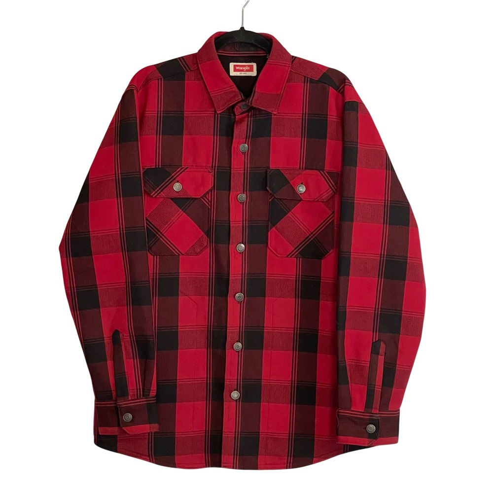 Wrangler Mens Red Black Buffalo Plaid Fleece Shirt Jacket Shacket HLP1ACR Size M